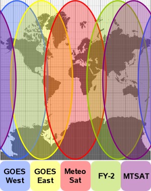 Regions of Coverage for the GOES Satellites: GOES West, GOES East, MeteoSat, FY-2, and MTSAT